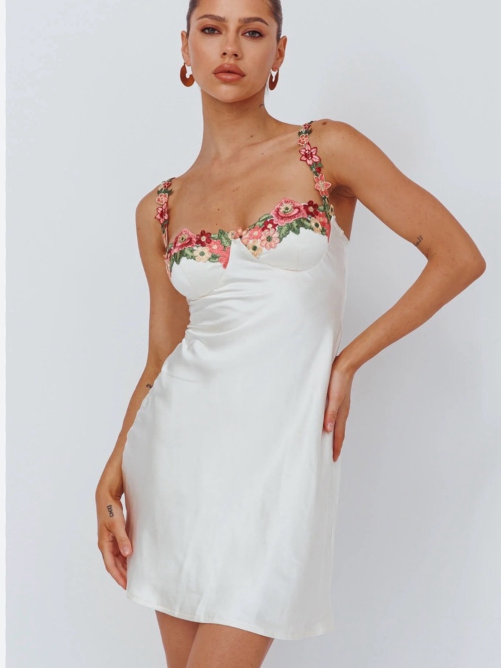 Princess Polly White Satin Slip with Pink Floral Embroidery
